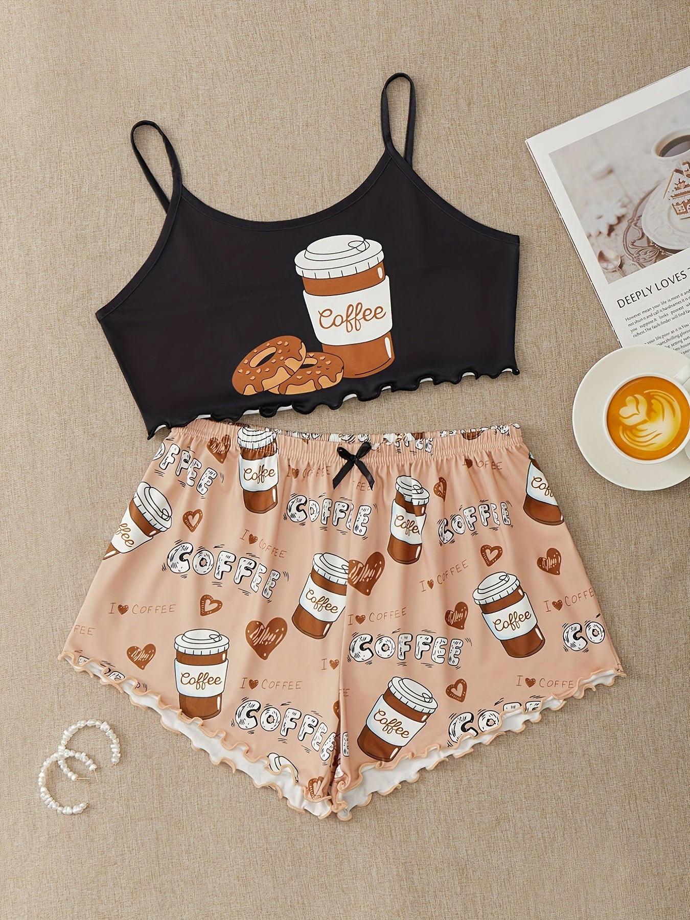 Summer Women's Donut Print Pajamas Set Suspenders Top & Cozy Shorts
