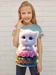 Sweet Flower & Cat Graphic Tee for Girls