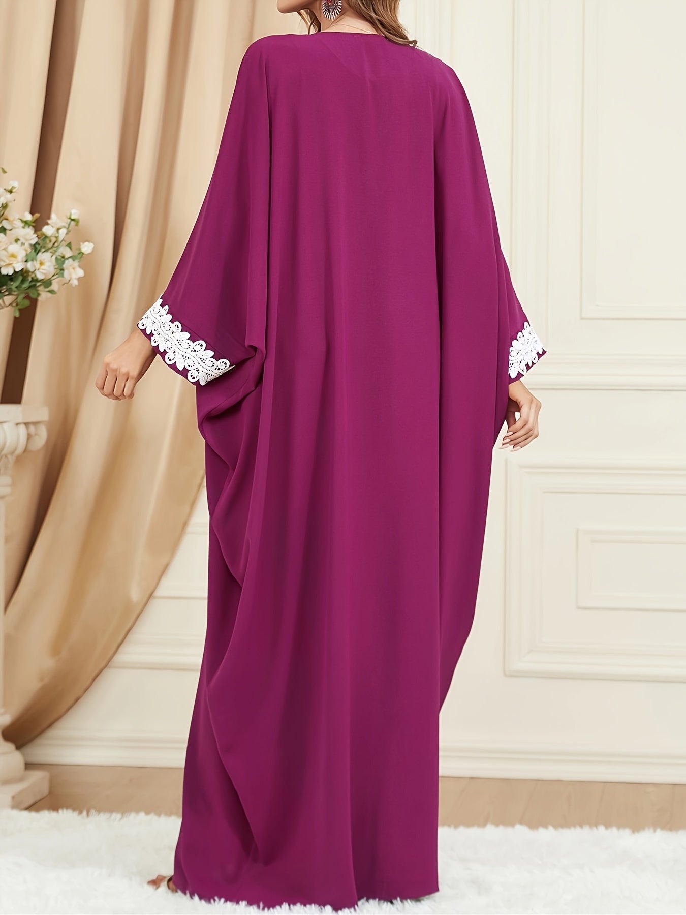 Kaftan Dress Lace Trim Batwing Sleeve Maxi Dress
