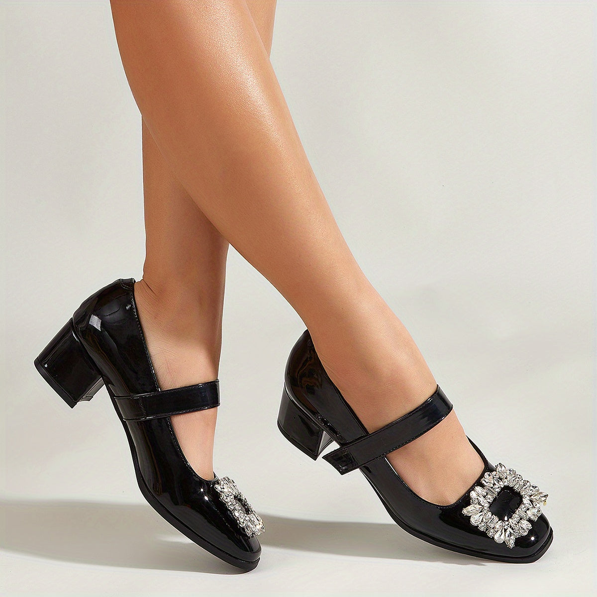 Rhinestone Mary Janes Ankle Strap Chunky Heel Shoes
