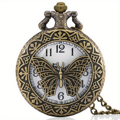 Vintage Butterfly Half Hunter Quartz Pocket Watch with Chain