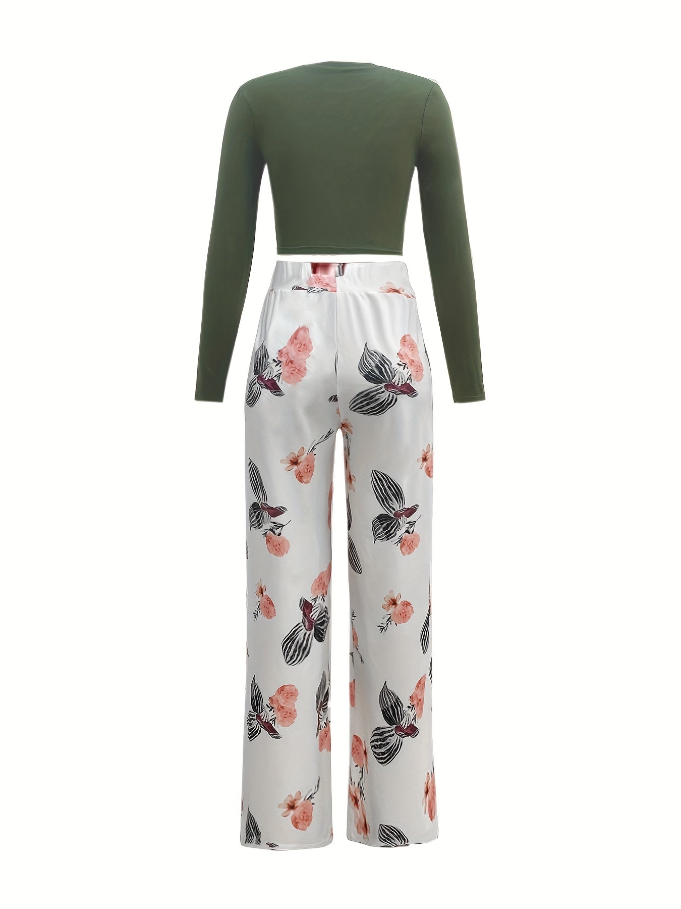 Solid Long Sleeve Tops & Floral Print Wide Leg Pants Set