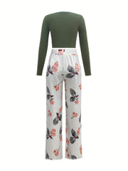 Solid Long Sleeve Tops & Floral Print Wide Leg Pants Set