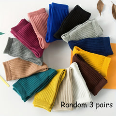 3 Pairs Girls Kids Cotton Blend Stacking Socks Vertical Stripe Crew Socks