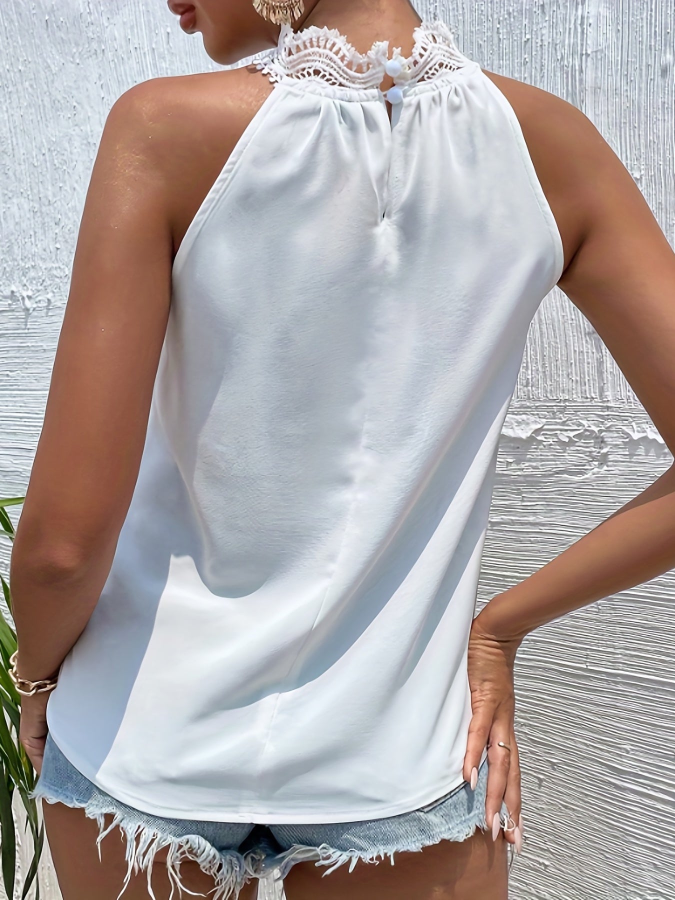 Halter Neck Lace Contrast Top Sleeveless Solid Summer Women's Clothing