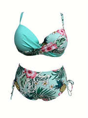 Tropical Print Bikini Set High Waisted Lace Up Swimsuit