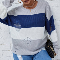 Casual Sweater Women's Plus Colorblock Ripped Drop Shoulder Sweater