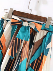 Geometric Print Tied Front Skirt Boho Pleated Skirt