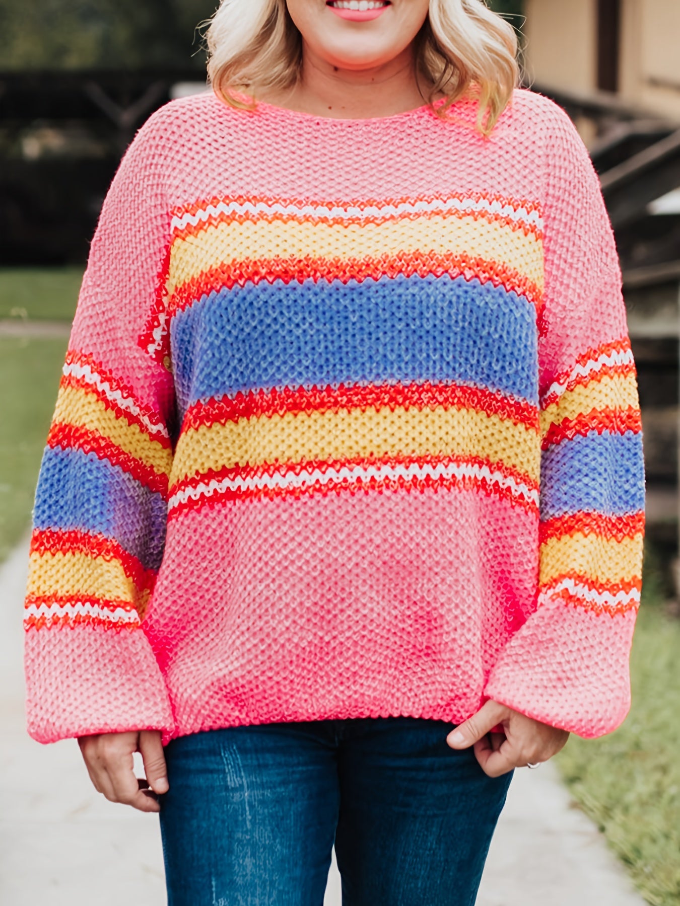 Colorblock Stripe Print Round Neck Sweater