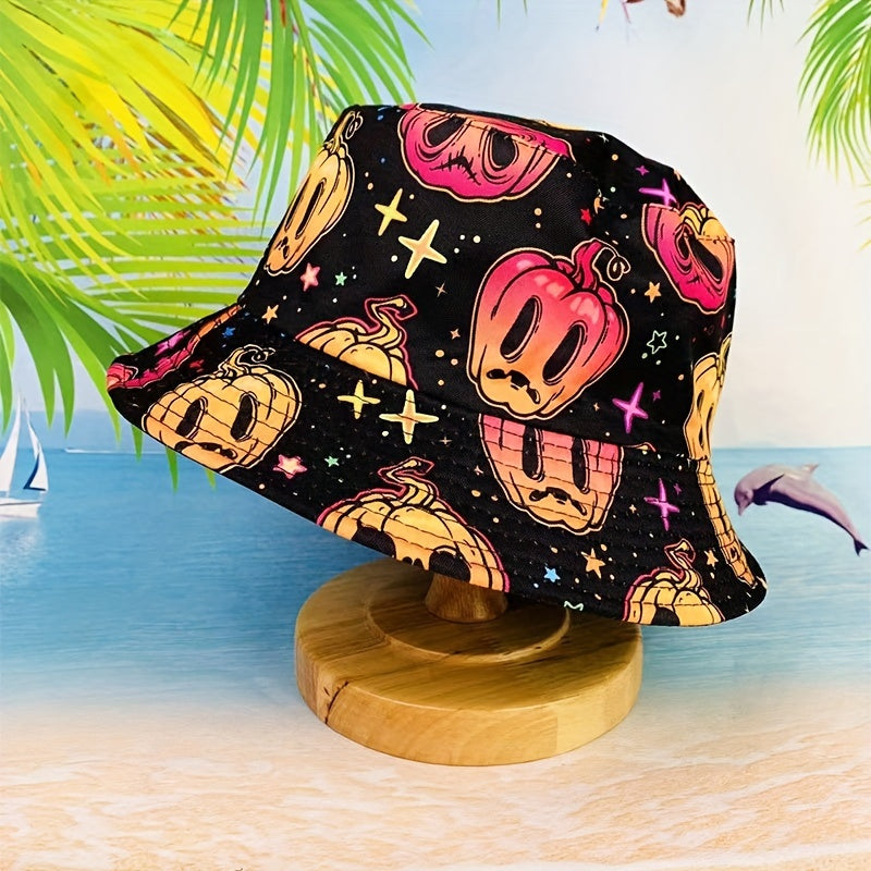 Unisex Sunshade Bucket Hat With Cartoon Pumpkin Print