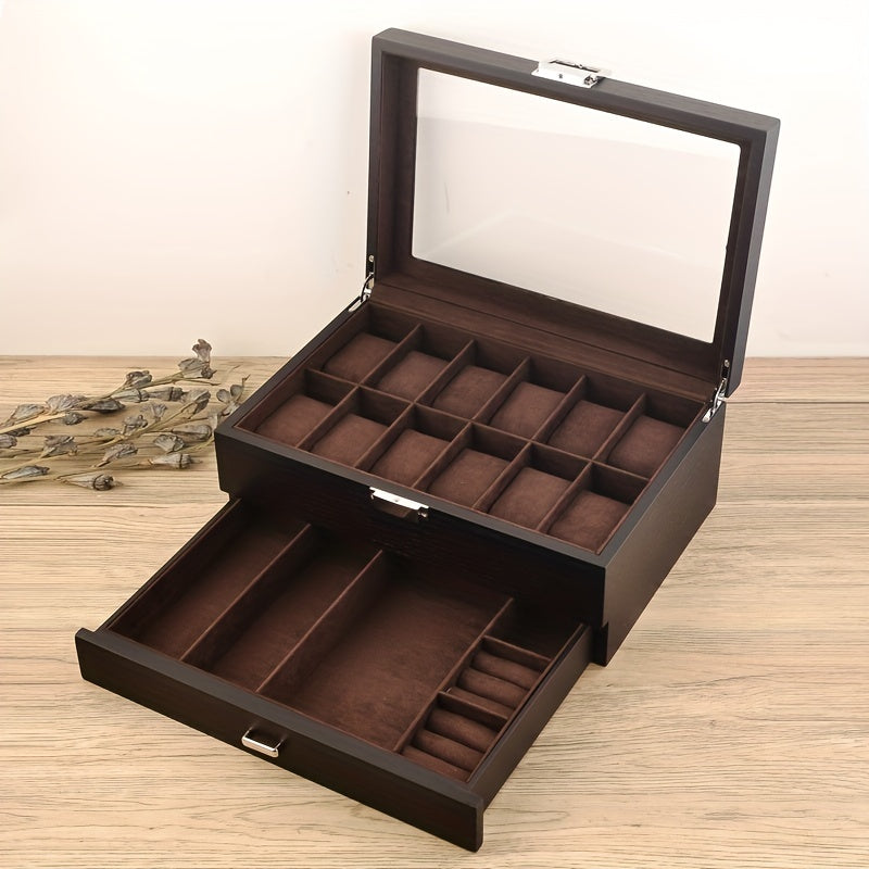 12 Slot Watch Box With Drawer Display Storage Men's Accessory