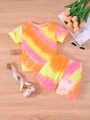 2pcs Girls Round Neck T Shirts Tie Dye Shorts Set Kids Summer Clothes