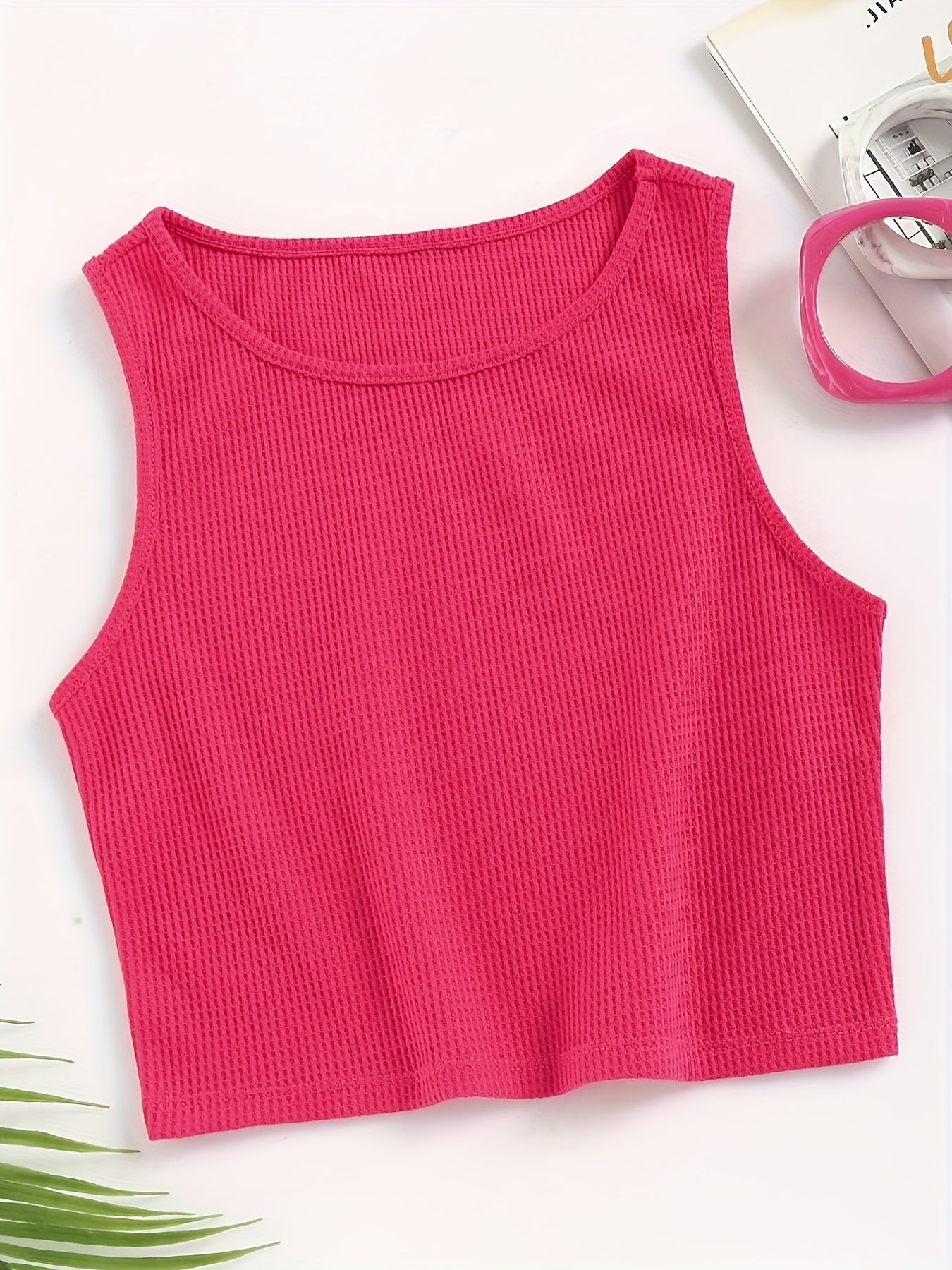 Waffle Solid Tank Top Sleeveless Crew Neck Casual & Comfy Women's Lingerie