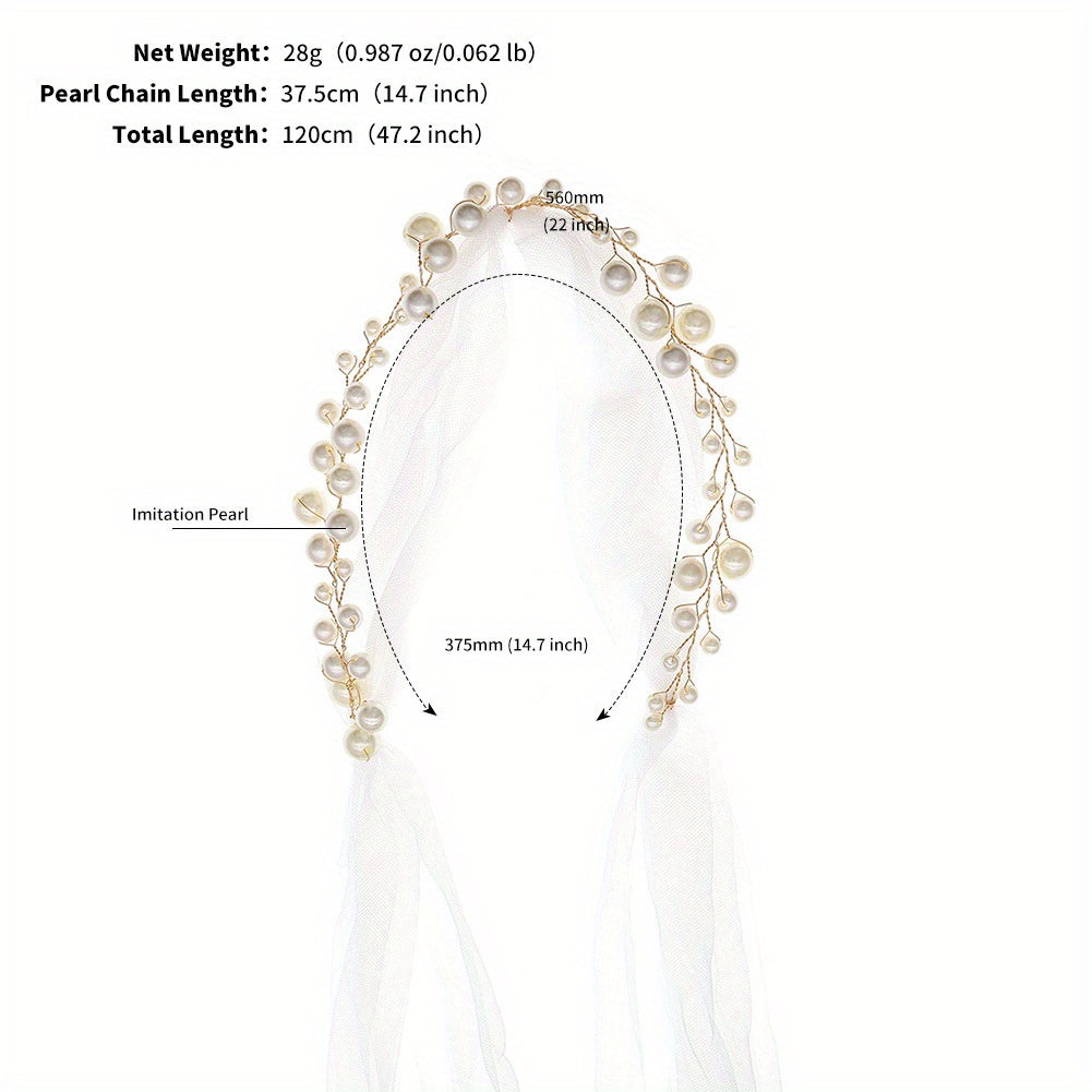 Mesh Long Headband With Faux Pearl Bridal Hair Band
