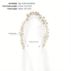 Mesh Long Headband With Faux Pearl Bridal Hair Band