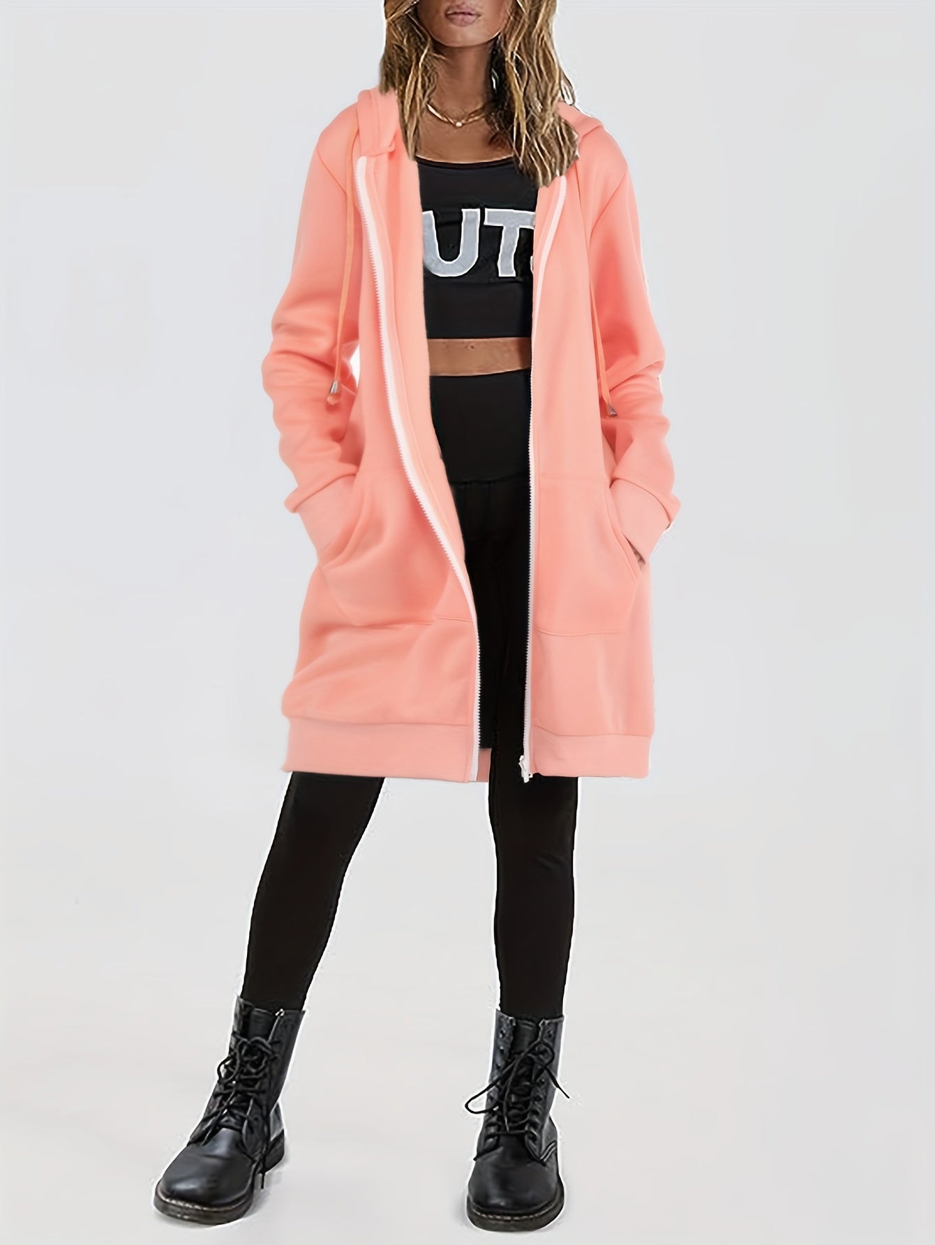 Solid Zip Up Long Length Hoodie Casual Long Sleeve Drawstring Hoodies Sweatshirt