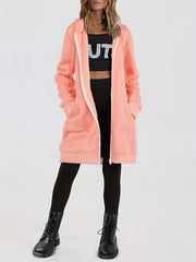 Solid Zip Up Long Length Hoodie Casual Long Sleeve Drawstring Hoodies Sweatshirt