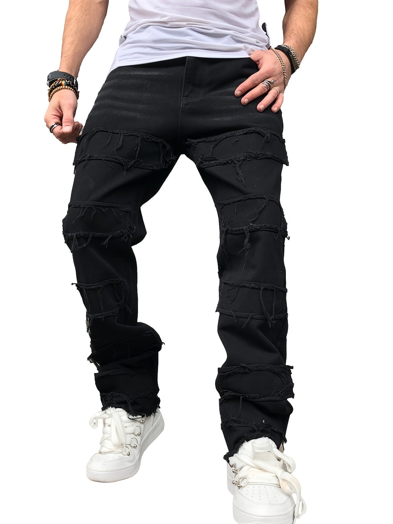 Vintage Raw Trim Loose Fit Jeans Men's Casual Street Style Mid Stretch Denim Pan
