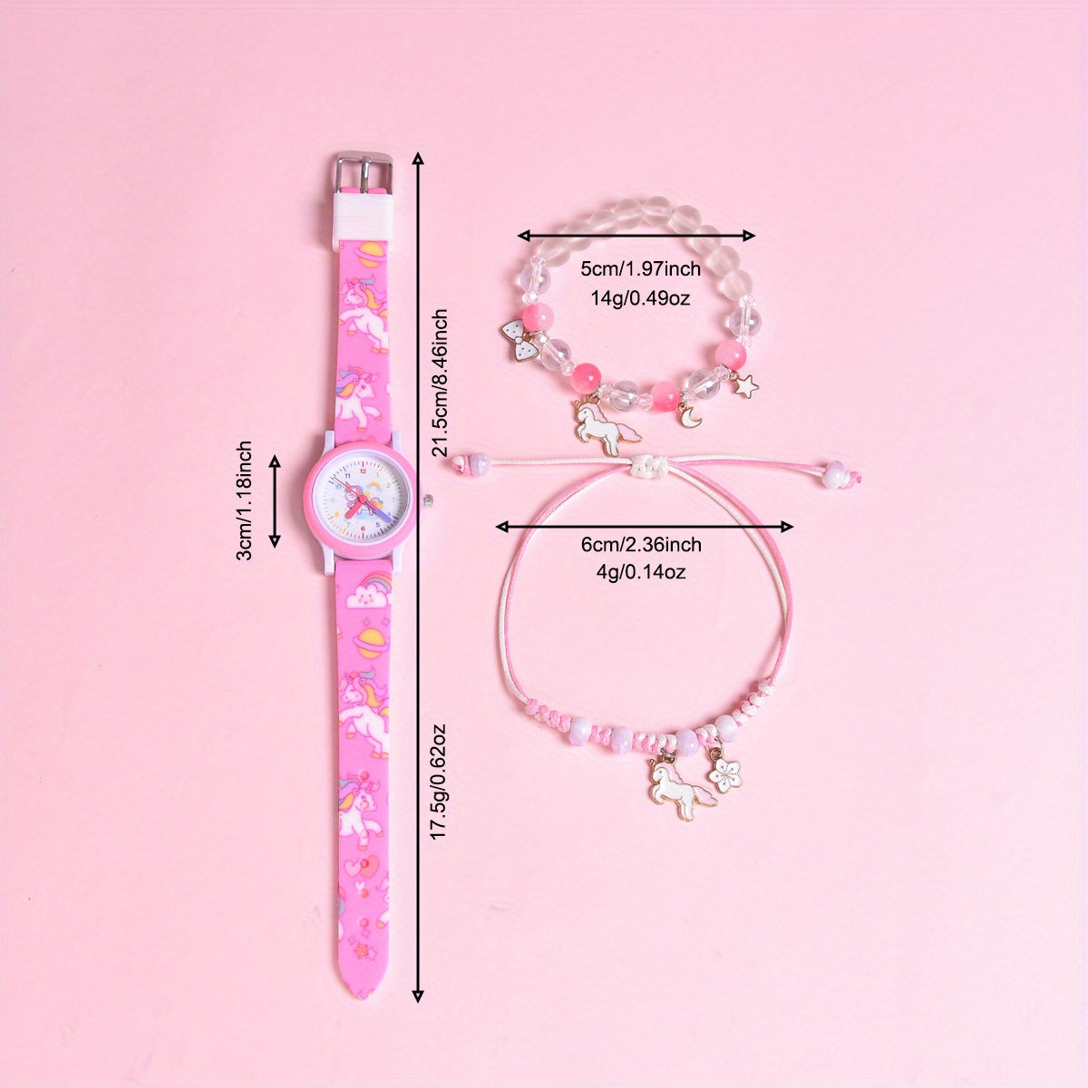 Cartoon Horse Print Wristband Set with Quartz Watch