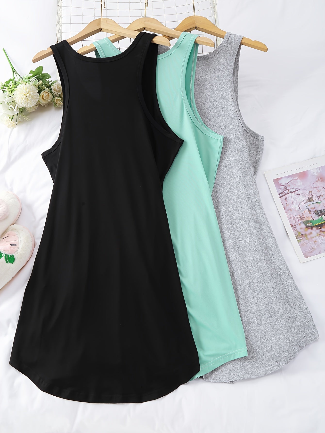 3 Pack Plus Size Nightdress Set Women's Plus Solid Round Neck
