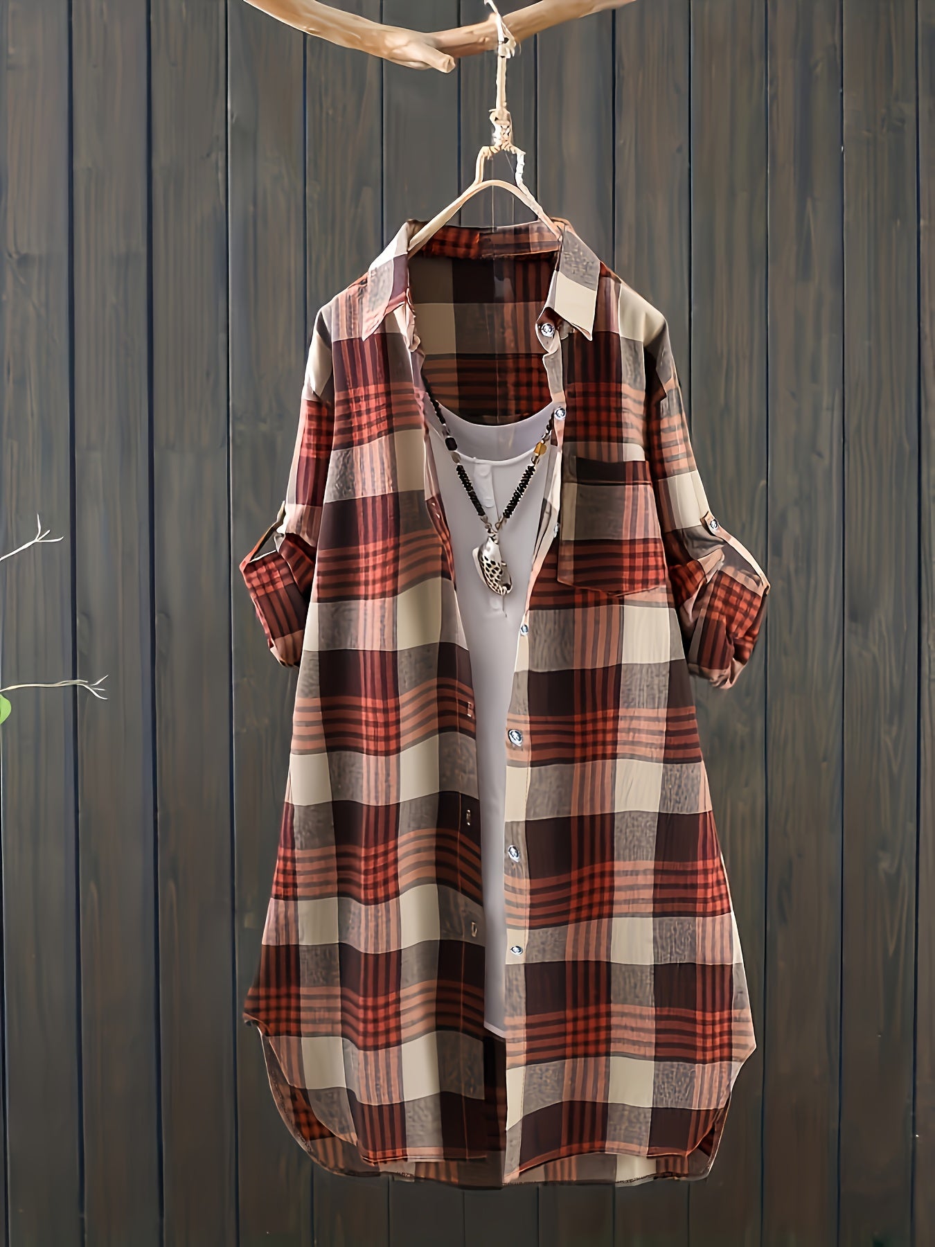 Plaid Print Button Up Roll Up Sleeve Turn Down Collar Blouse