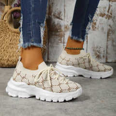 Women's Geometric Pattern Lace Up Sneakers Breathable Knit Chunky Shoes