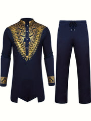 African 2 Piece Set Metallic Golden Pattern Print Cotton Dashiki Shirt And Pants