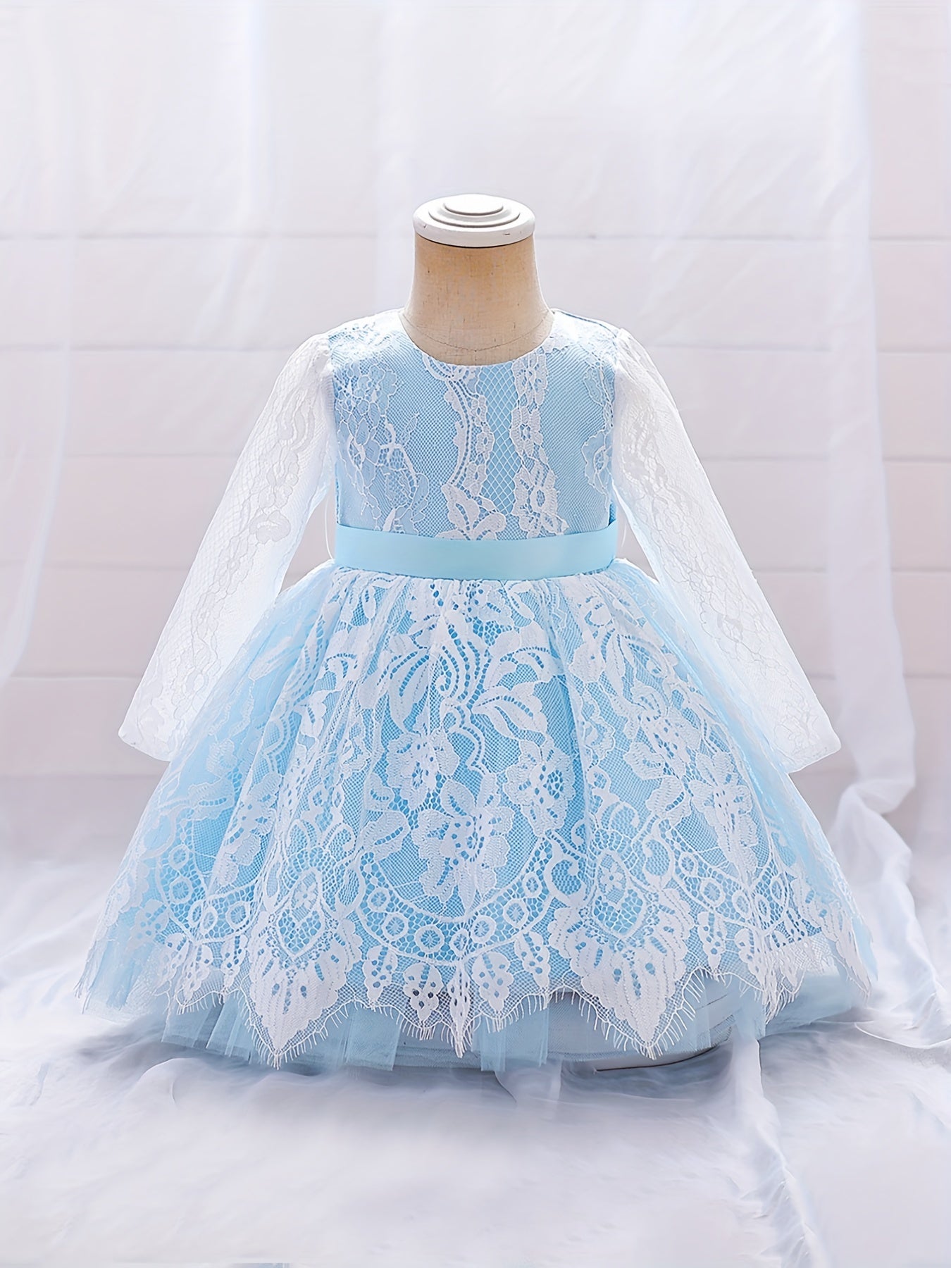 Girls Lace Floral Gown Princess Dress Long Sleeve Mesh Tutu Dress
