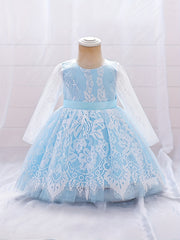 Girls Lace Floral Gown Princess Dress Long Sleeve Mesh Tutu Dress