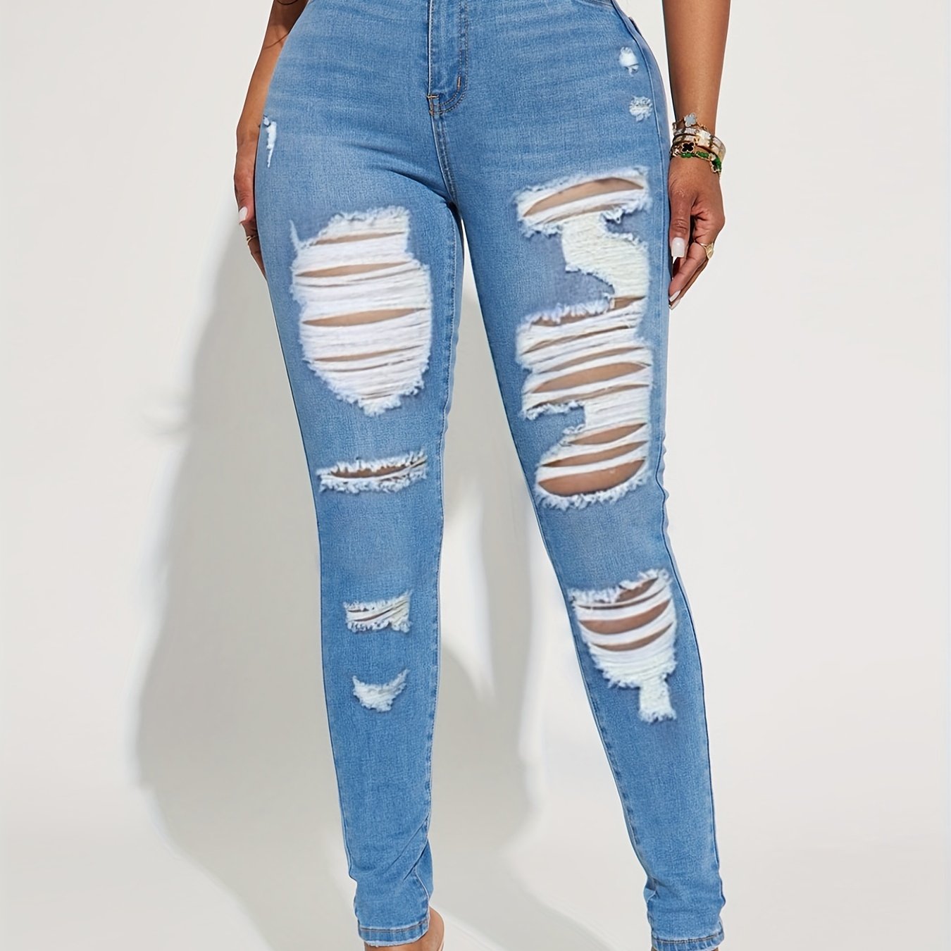 Ripped Skinny Jeans Slash Pockets Distressed High Rise Denim Pants
