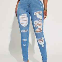 Ripped Skinny Jeans Slash Pockets Distressed High Rise Denim Pants