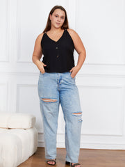 Casual Tank Top Women's Plus Plain Button Decor V Neck