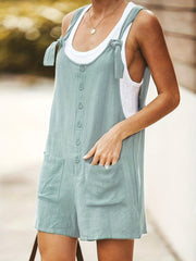Solid Button Up Round Neck Knot Romper