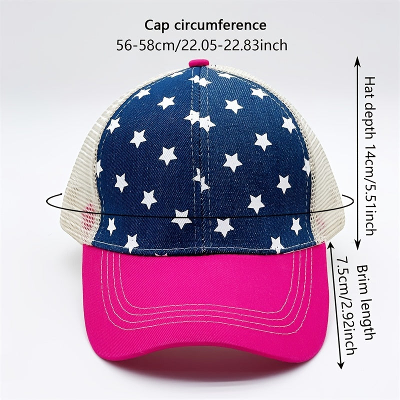 Star Print Ponytail Baseball Cap Pink Block Mesh Trucker Dad Hats