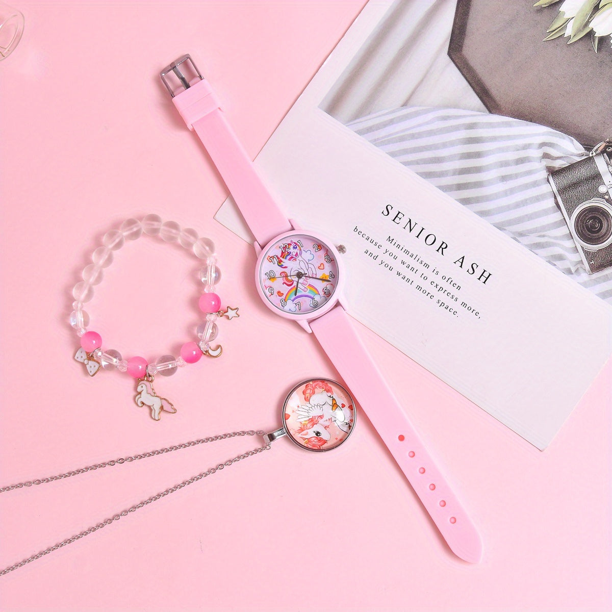 3pcs Cartoon Rainbow Horse Girls' Watch Creative Quartz Wristwatch Set