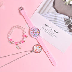 3pcs Cartoon Rainbow Horse Girls' Watch Creative Quartz Wristwatch Set