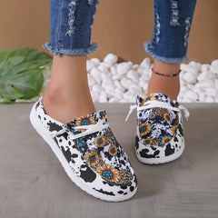 Sunflower & Cow Pattern Canvas Shoes Lace Up Flat Sneakers