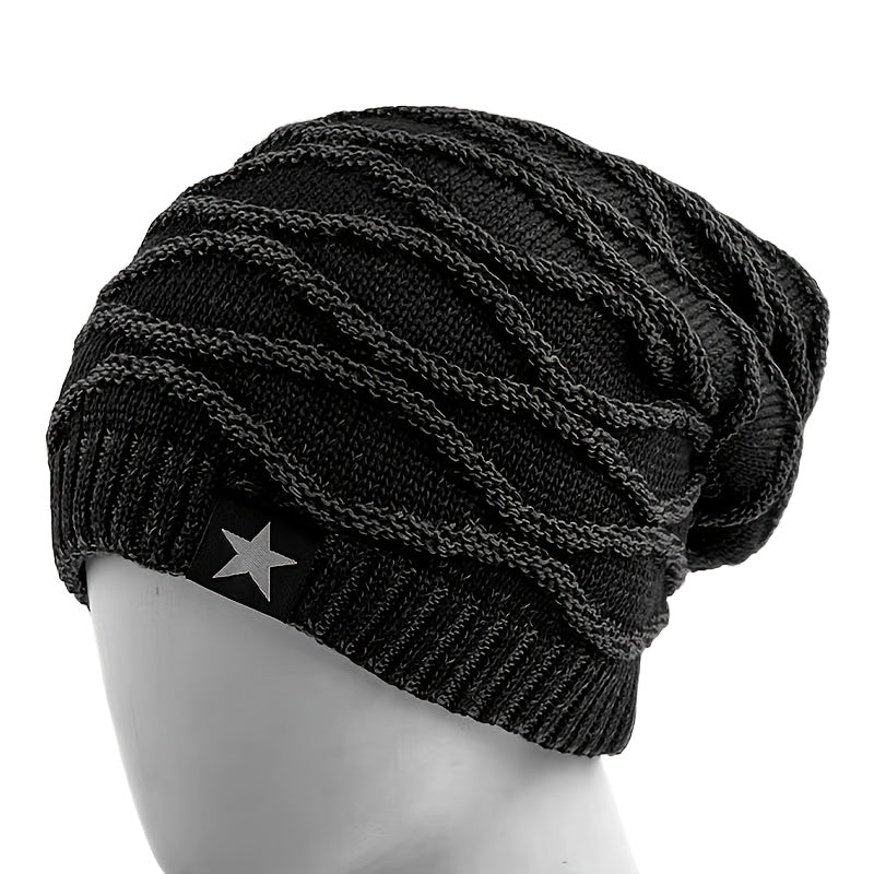 Striped Knitted Hat Men's Women's Plus Velvet Thickened Five star Woolen Hat