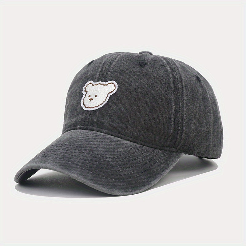 Cartoon Bear Patch Baseball Cap Solid Washed Distressed Sun Hat