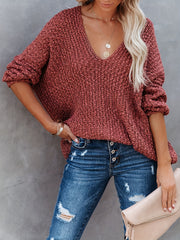 Solid V Neck Knitted Pullover Top Casual Long Sleeve Sweater