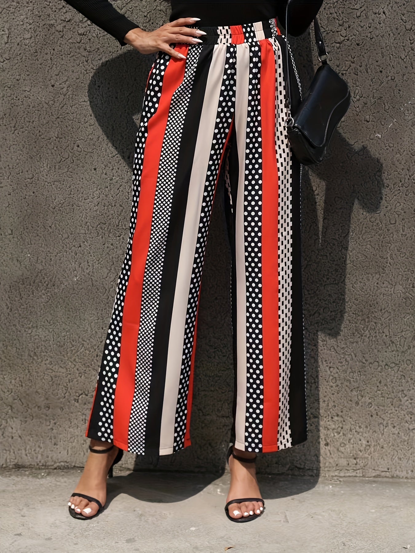 Striped Print Wide Leg Pants Casual Long Length
