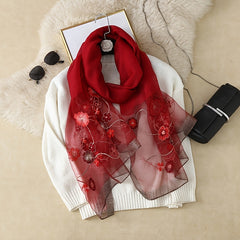 Silk Embroidery Flower Scarf Lightweight