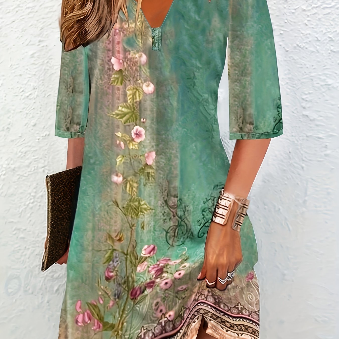 Vintage Floral Print Dress with Notched Neck