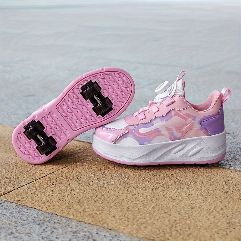 Girl's Roller Shoes with Rotating Buckle Comfy Wheel Skate Sneakers