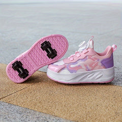 Girl's Roller Shoes with Rotating Buckle Comfy Wheel Skate Sneakers