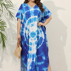 Boho Cover Up Women's Plus Spiral Tie Dye Batwing Sleeve V Neck Loose