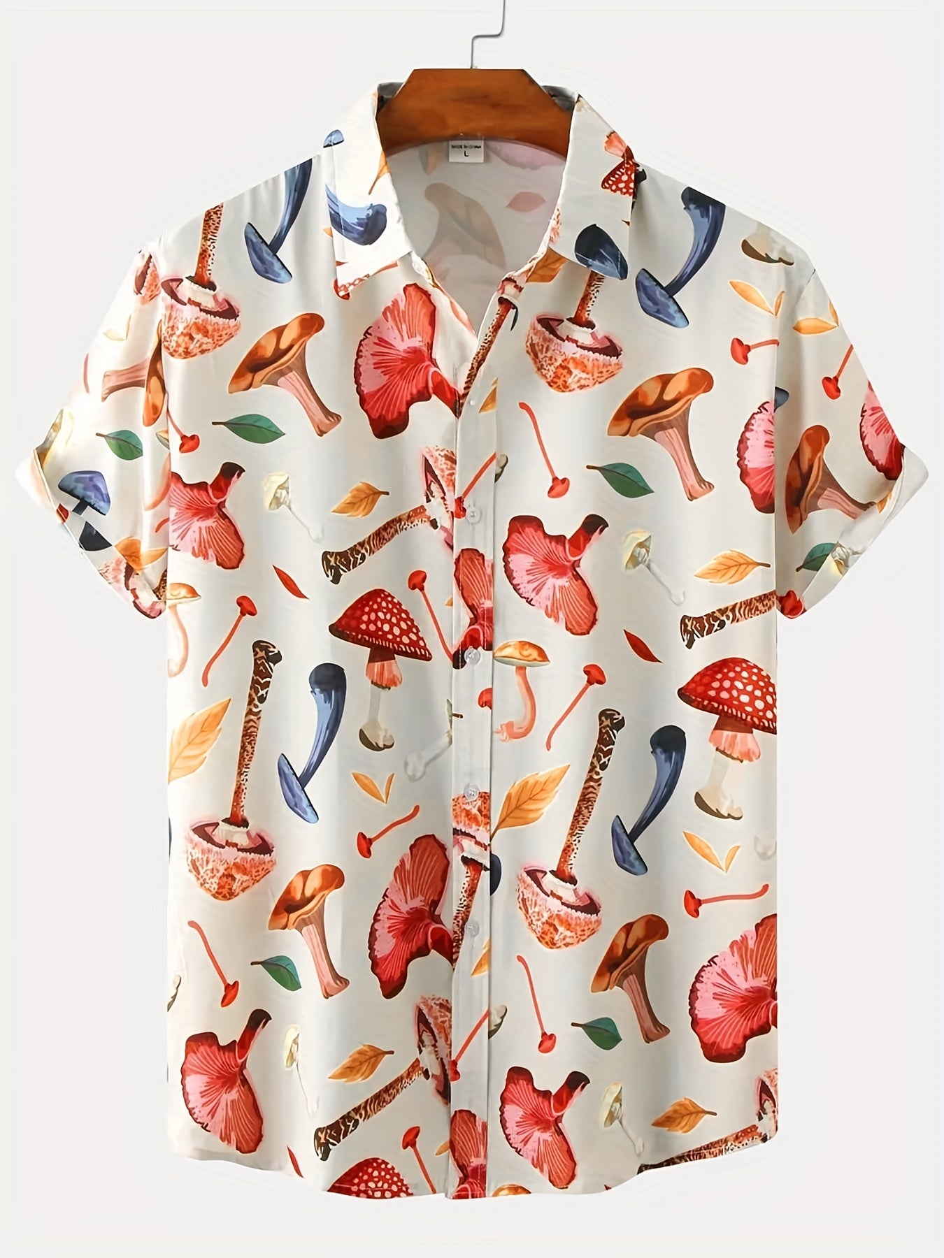 Men's Casual Mushroom Block Leaf Flower Pattern Print Short Sleeve Shirt