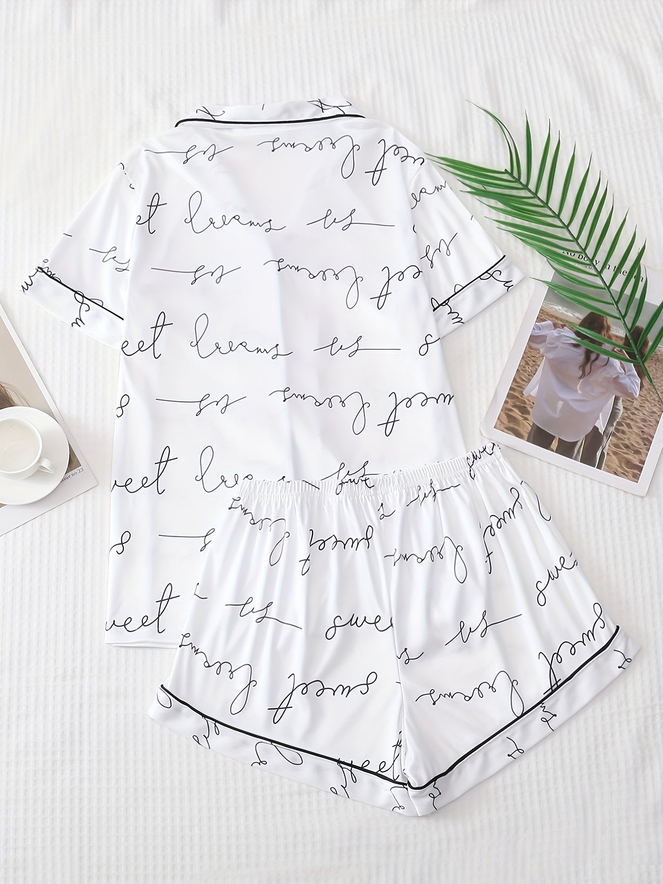 Letter Print Pajama Set Short Sleeve Top & Shorts Women's Sleepwear