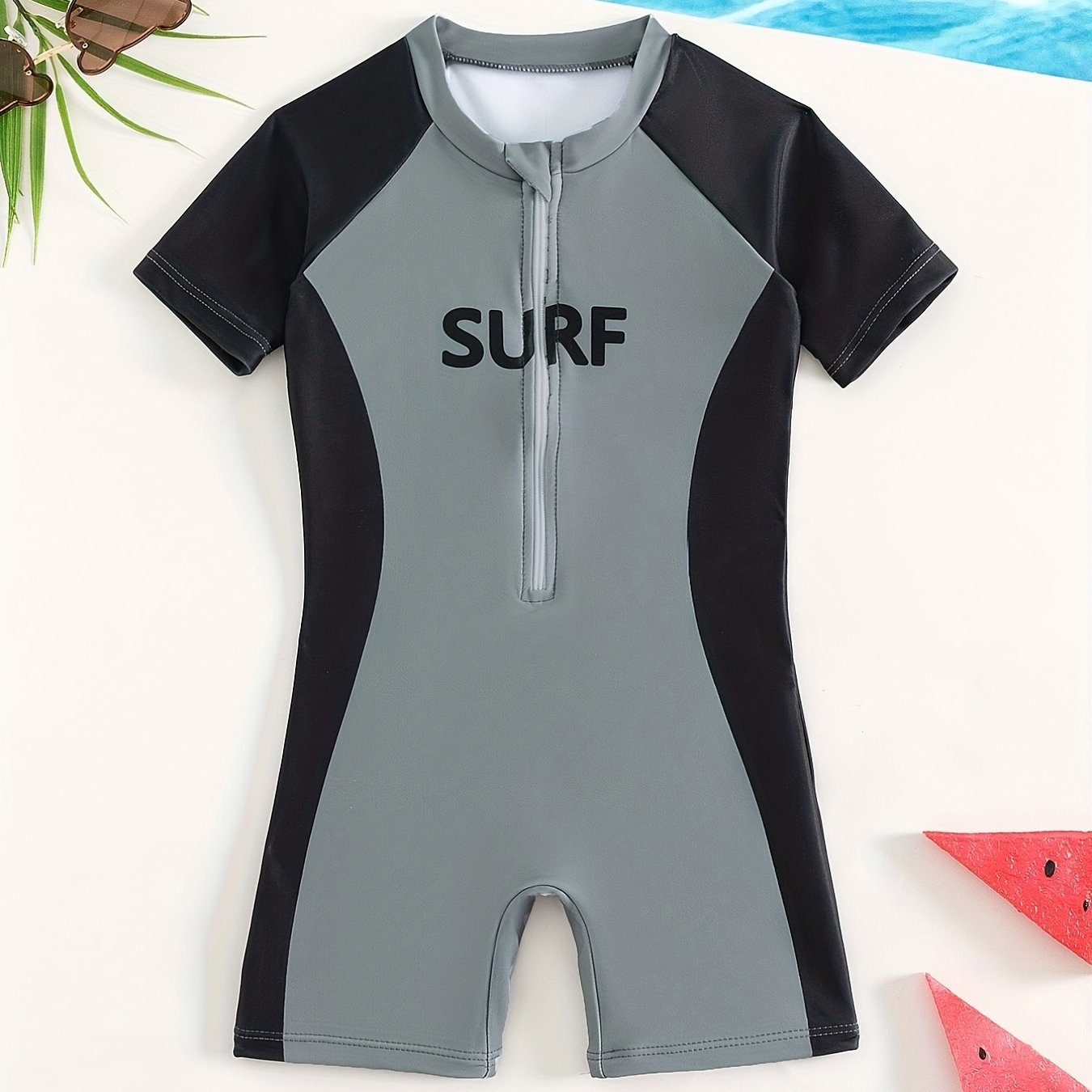 Boys Sun Protection Swimsuit Zip Up Onesie Short Sleeved Quick Drying