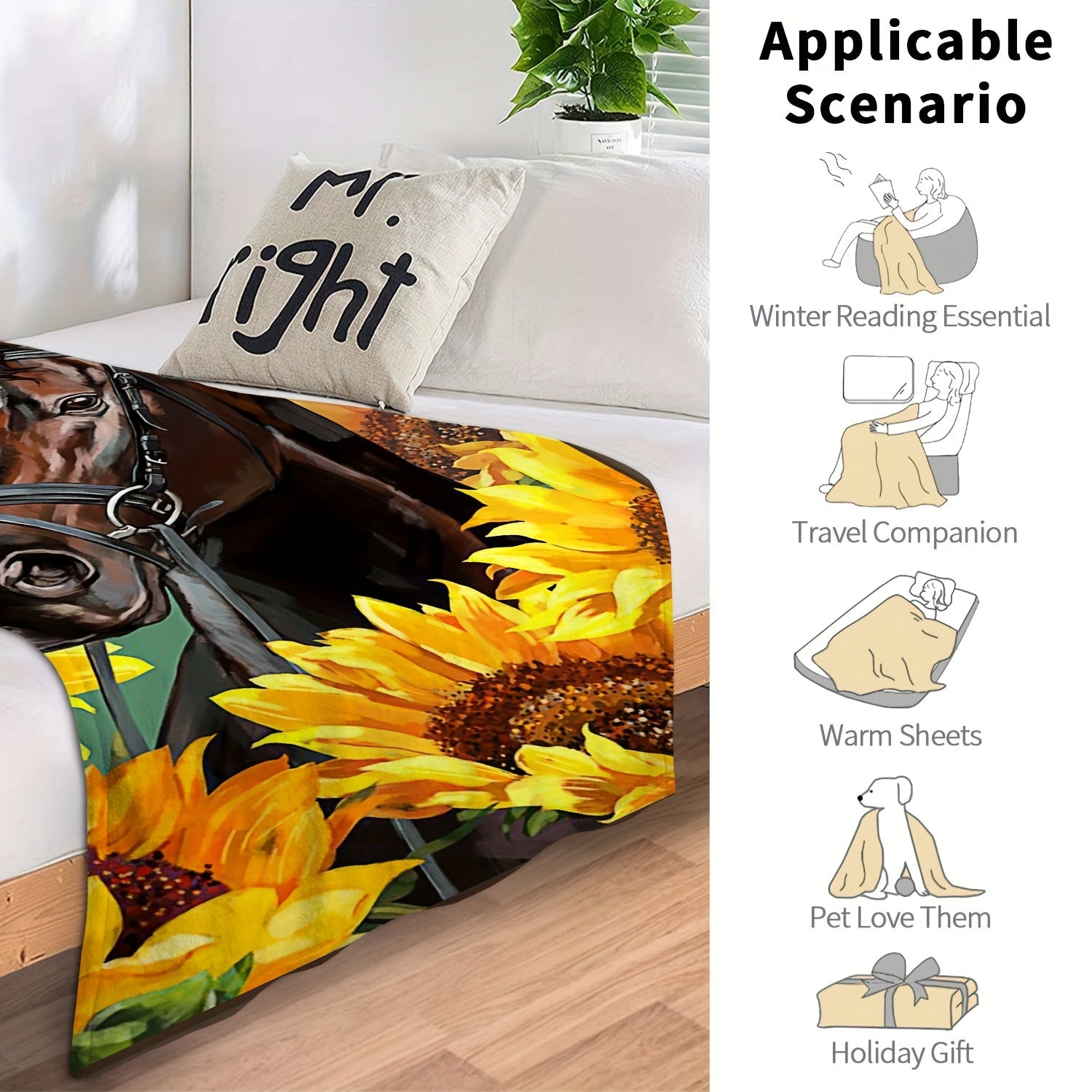 Horse Sunflower Painting Pattern Blanket Soft Cozy Flannel Lightweight Blanket